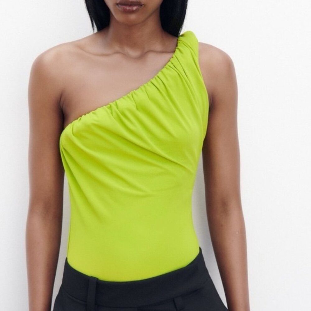 NWT ZARA Draped Asymmetrical Neckline and Strap Pistachio Bodysuit 5039/332 Sz S